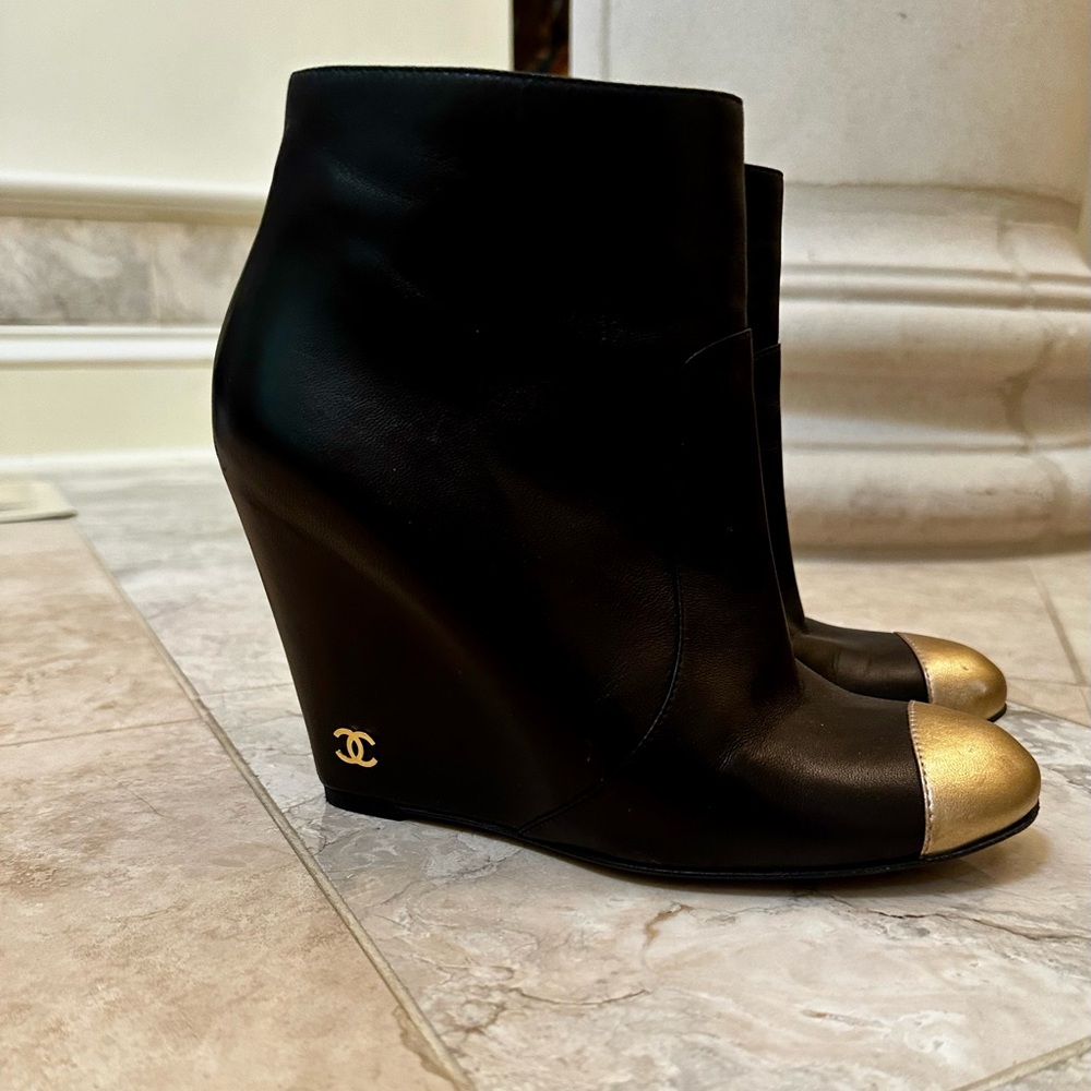 Chanel Black and Gold Wedge Shoes